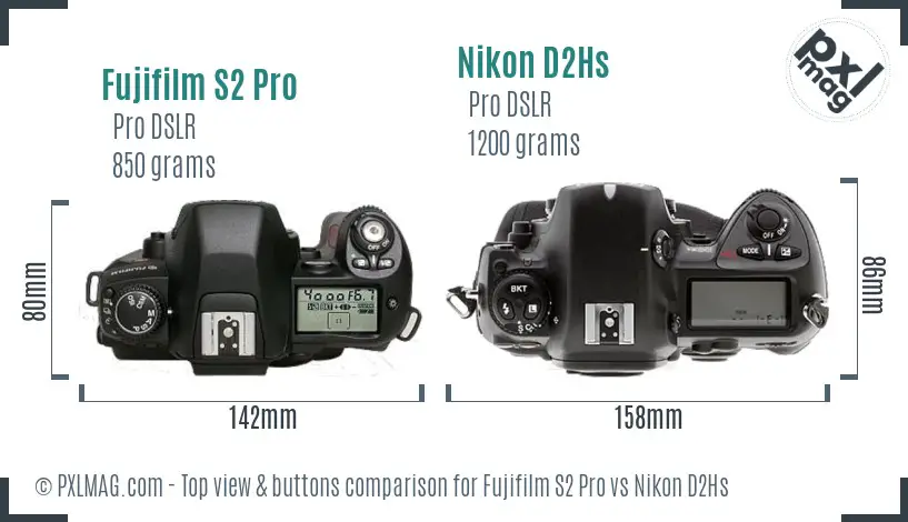 Fujifilm S2 Pro vs Nikon D2Hs top view buttons comparison
