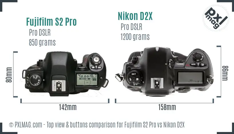 Fujifilm S2 Pro vs Nikon D2X top view buttons comparison
