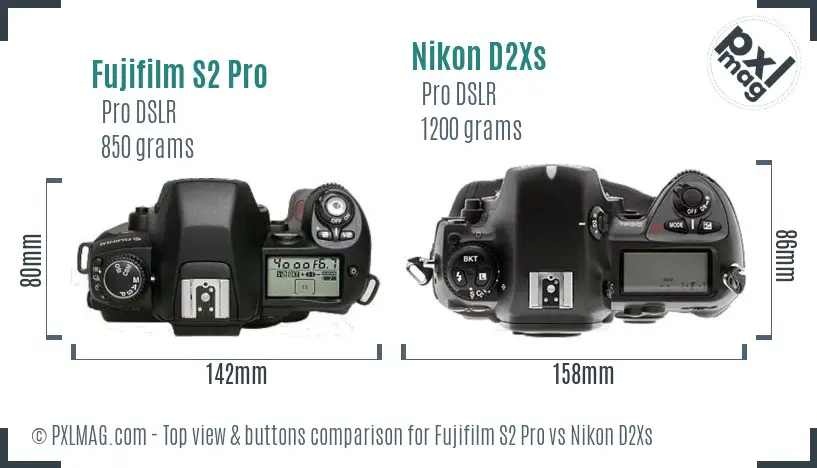 Fujifilm S2 Pro vs Nikon D2Xs top view buttons comparison
