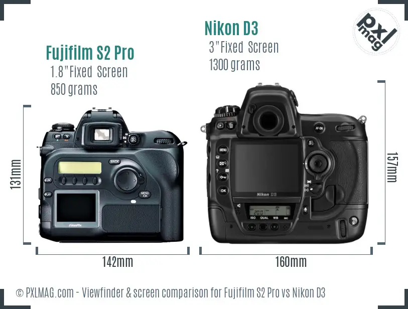 Fujifilm S2 Pro vs Nikon D3 Screen and Viewfinder comparison
