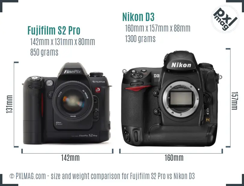 Fujifilm S2 Pro vs Nikon D3 size comparison
