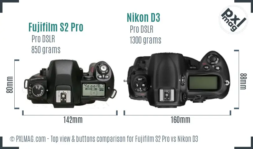 Fujifilm S2 Pro vs Nikon D3 top view buttons comparison