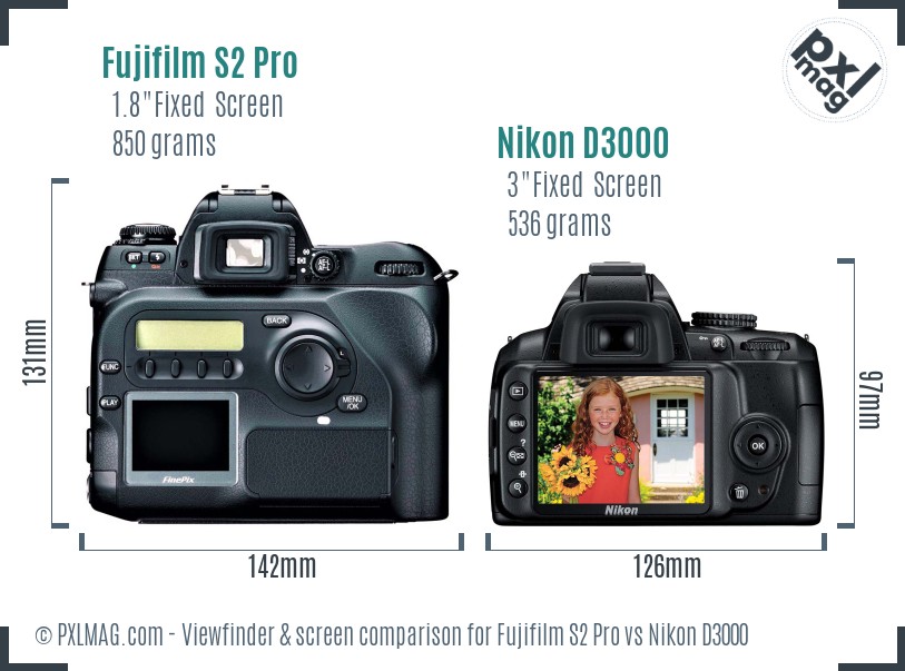 Fujifilm S2 Pro vs Nikon D3000 Screen and Viewfinder comparison