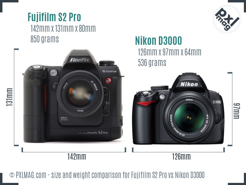 Fujifilm S2 Pro vs Nikon D3000 size comparison Fujifilm S2 Pro vs Nikon D3000 size comparison