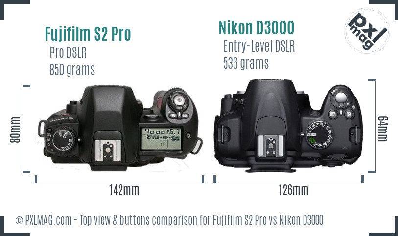 Fujifilm S2 Pro vs Nikon D3000 top view buttons comparison