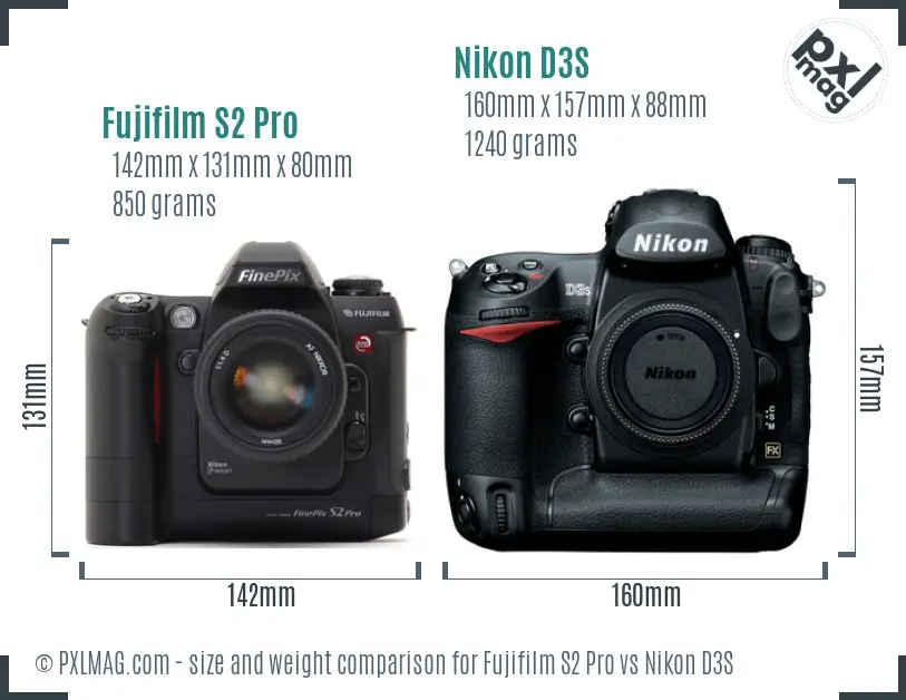 Fujifilm S2 Pro vs Nikon D3S size comparison