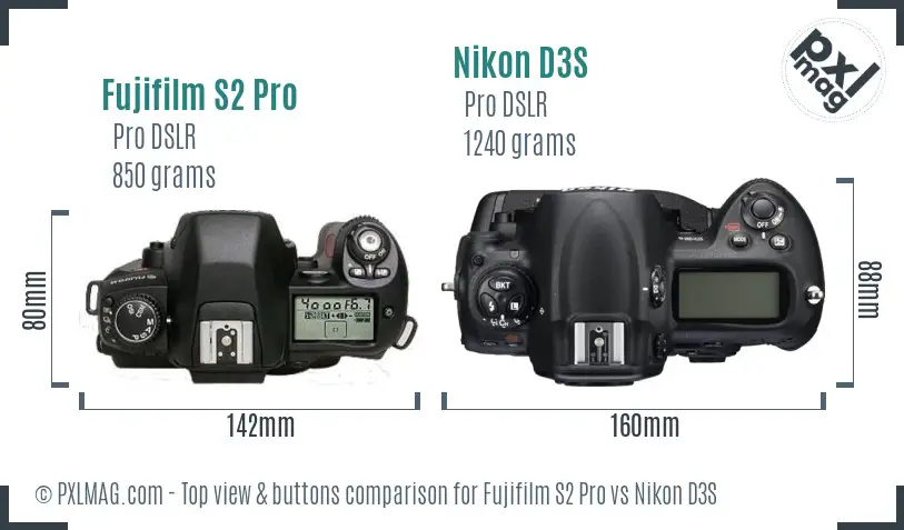 Fujifilm S2 Pro vs Nikon D3S top view buttons comparison