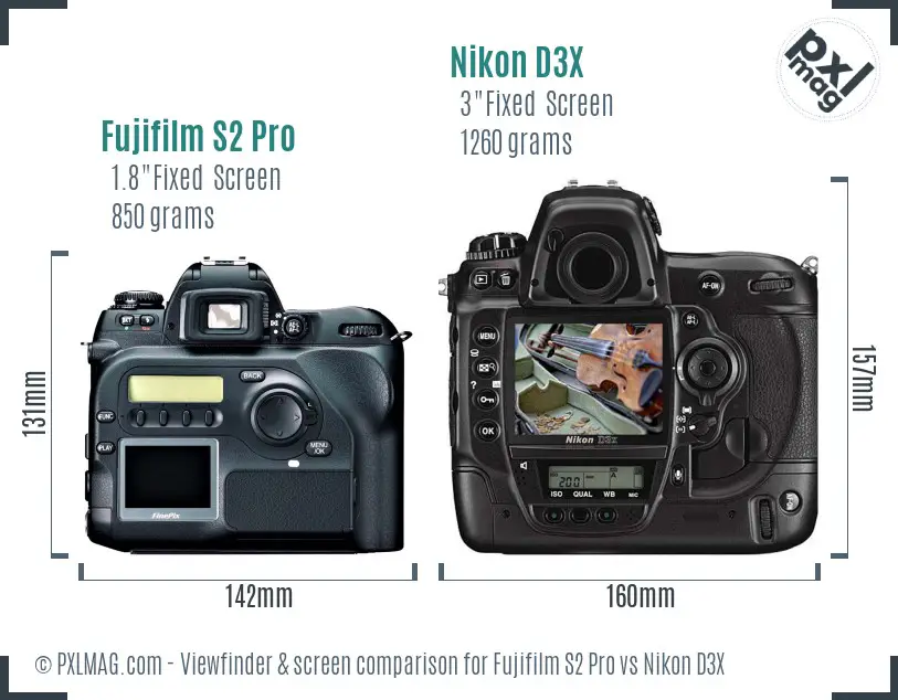 Fujifilm S2 Pro vs Nikon D3X Screen and Viewfinder comparison