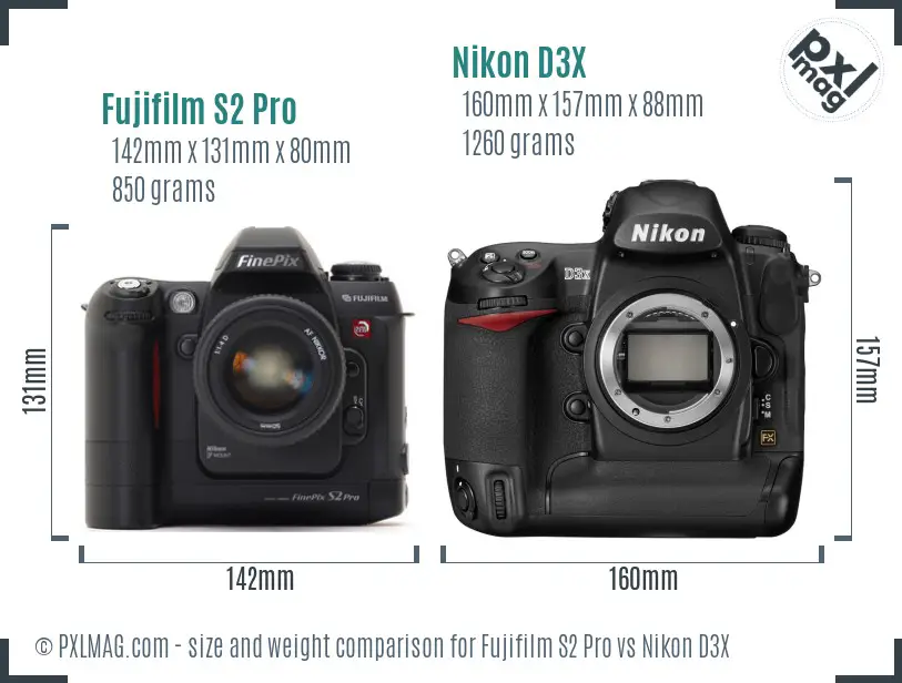 Fujifilm S2 Pro vs Nikon D3X size comparison