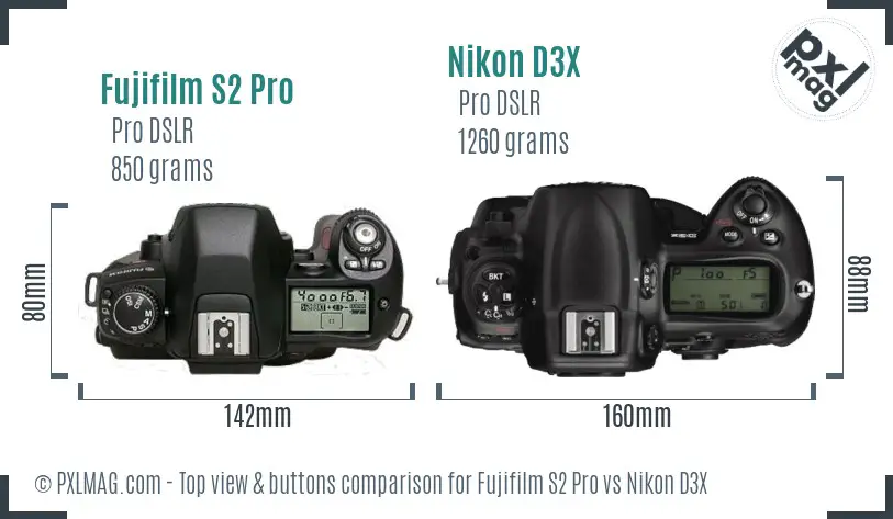 Fujifilm S2 Pro vs Nikon D3X top view buttons comparison