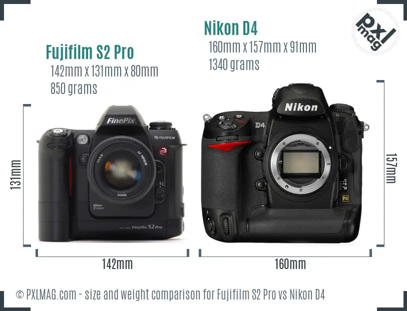 Fujifilm S2 Pro vs Nikon D4 size comparison