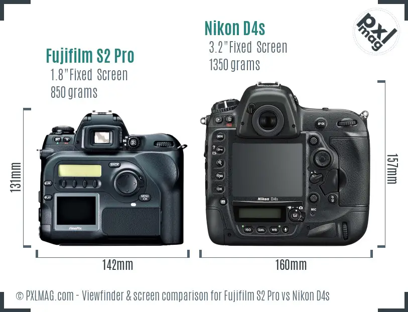 Fujifilm S2 Pro vs Nikon D4s Screen and Viewfinder comparison