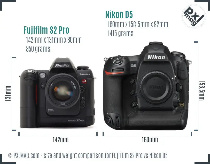 Fujifilm S2 Pro vs Nikon D5 size comparison
