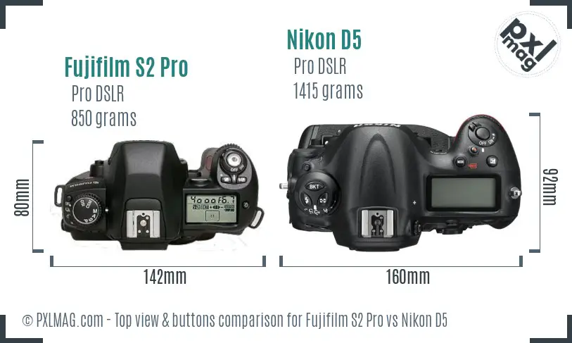 Fujifilm S2 Pro vs Nikon D5 top view buttons comparison