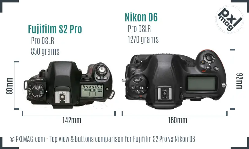 Fujifilm S2 Pro vs Nikon D6 top view buttons comparison
