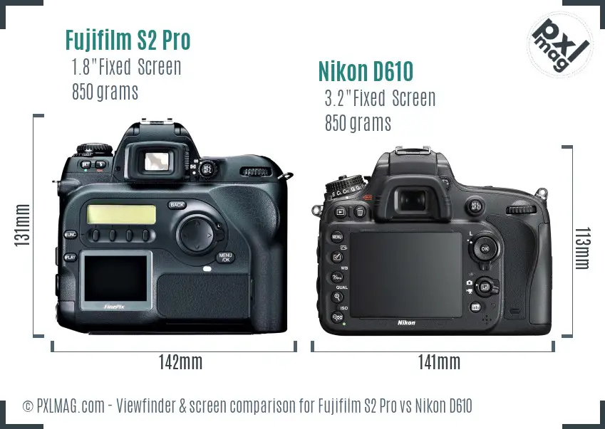 Fujifilm S2 Pro vs Nikon D610 Screen and Viewfinder comparison