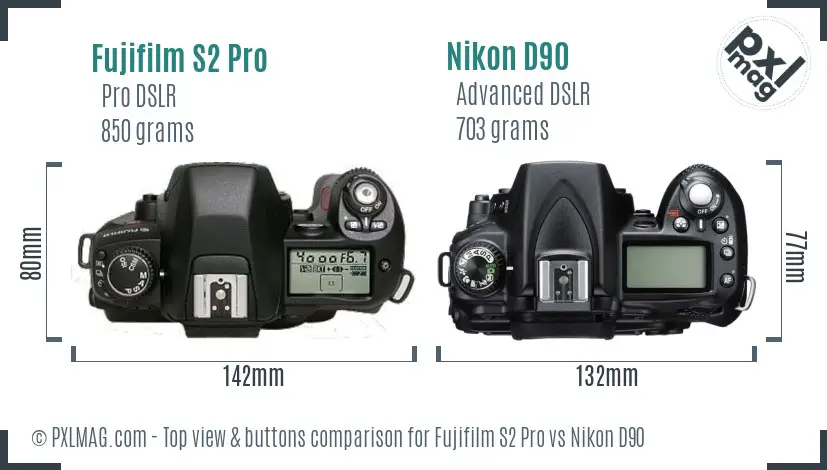 Fujifilm S2 Pro vs Nikon D90 top view buttons comparison Fujifilm S2 Pro vs Nikon D90 top view buttons comparison