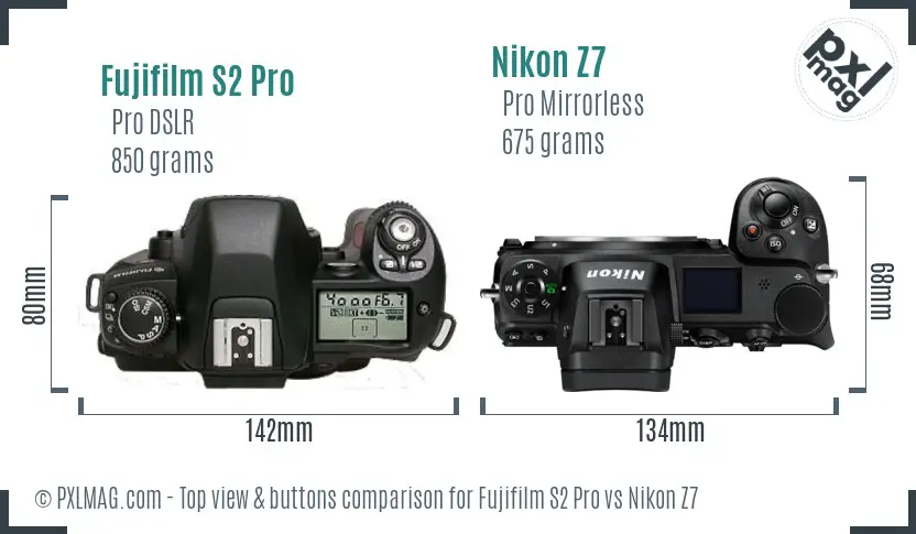Fujifilm S2 Pro vs Nikon Z7 top view buttons comparison
