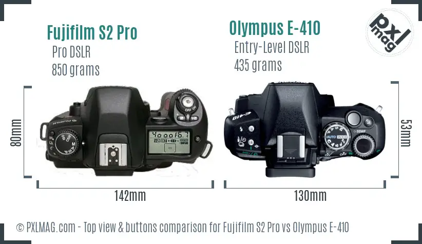 Fujifilm S2 Pro vs Olympus E-410 top view buttons comparison