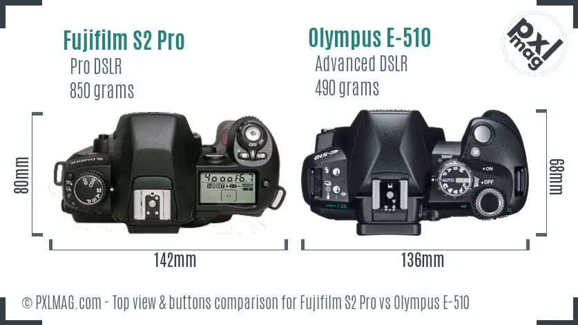Fujifilm S2 Pro vs Olympus E-510 top view buttons comparison