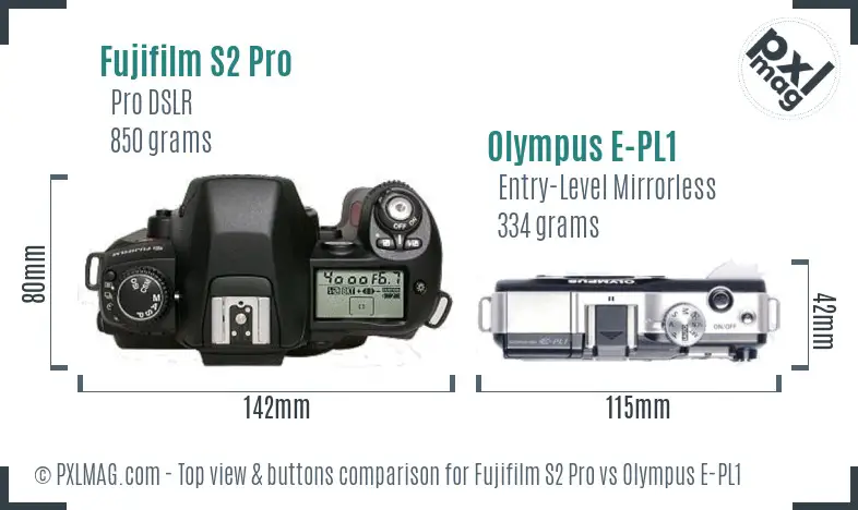 Fujifilm S2 Pro vs Olympus E-PL1 top view buttons comparison