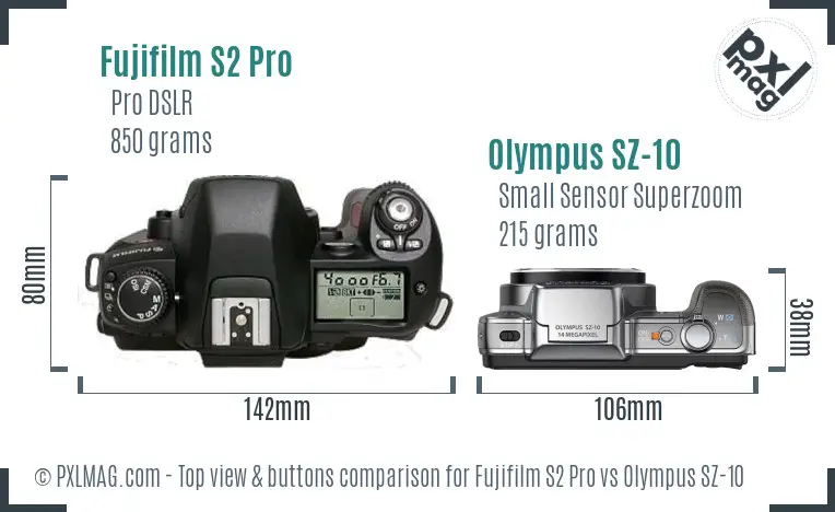 Fujifilm S2 Pro vs Olympus SZ-10 top view buttons comparison