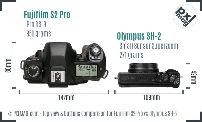 Fujifilm S2 Pro vs Olympus SH-2 top view buttons comparison
