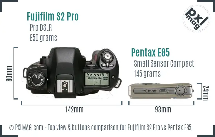 Fujifilm S2 Pro vs Pentax E85 top view buttons comparison