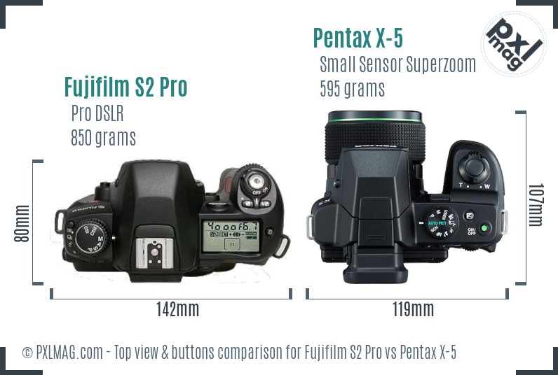 Fujifilm S2 Pro vs Pentax X-5 top view buttons comparison
