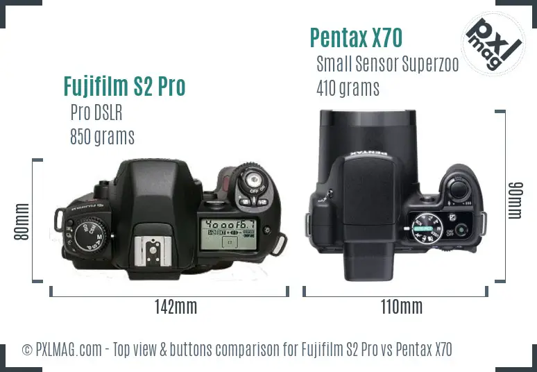 Fujifilm S2 Pro vs Pentax X70 top view buttons comparison Fujifilm S2 Pro vs Pentax X70 top view buttons comparison