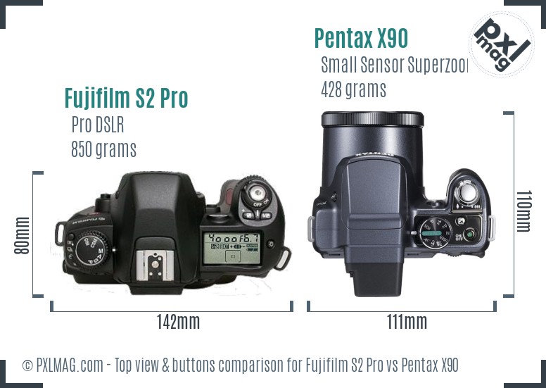 Fujifilm S2 Pro vs Pentax X90 top view buttons comparison