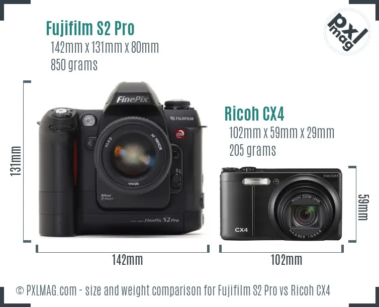 Fujifilm S2 Pro vs Ricoh CX4 size comparison