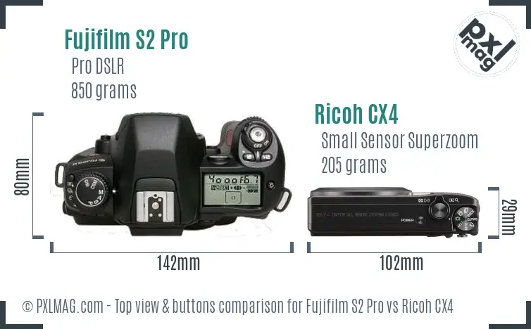 Fujifilm S2 Pro vs Ricoh CX4 top view buttons comparison