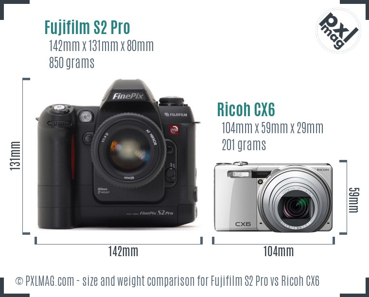Fujifilm S2 Pro vs Ricoh CX6 size comparison