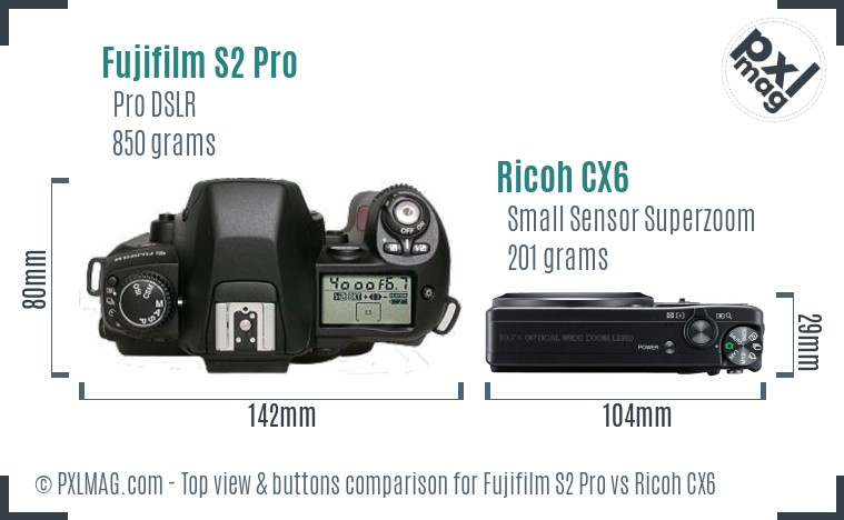Fujifilm S2 Pro vs Ricoh CX6 top view buttons comparison