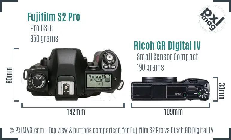 Fujifilm S2 Pro vs Ricoh GR Digital IV top view buttons comparison Fujifilm S2 Pro vs Ricoh GR Digital IV top view buttons comparison