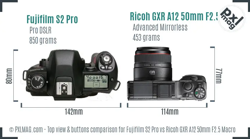 Fujifilm S2 Pro vs Ricoh GXR A12 50mm F2.5 Macro top view buttons comparison