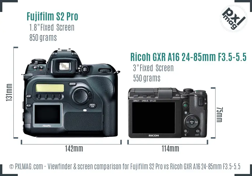 Fujifilm S2 Pro vs Ricoh GXR A16 24-85mm F3.5-5.5 Screen and Viewfinder comparison