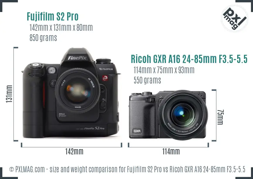 Fujifilm S2 Pro vs Ricoh GXR A16 24-85mm F3.5-5.5 size comparison