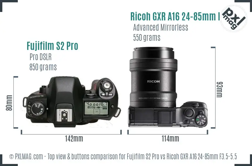 Fujifilm S2 Pro vs Ricoh GXR A16 24-85mm F3.5-5.5 top view buttons comparison