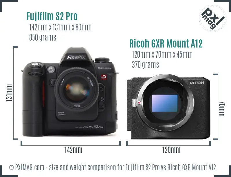 Fujifilm S2 Pro vs Ricoh GXR Mount A12 size comparison