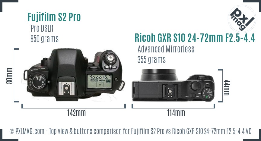 Fujifilm S2 Pro vs Ricoh GXR S10 24-72mm F2.5-4.4 VC top view buttons comparison