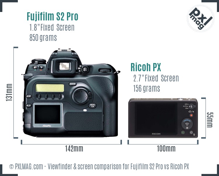 Fujifilm S2 Pro vs Ricoh PX Screen and Viewfinder comparison