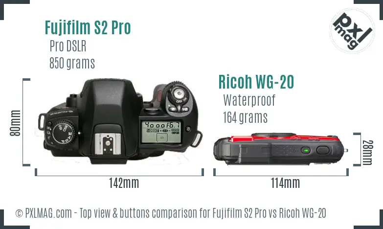 Fujifilm S2 Pro vs Ricoh WG-20 top view buttons comparison Fujifilm S2 Pro vs Ricoh WG-20 top view buttons comparison
