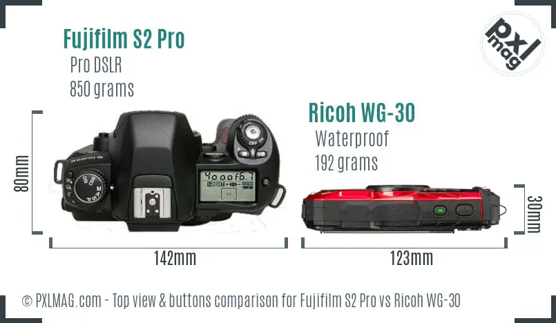 Fujifilm S2 Pro vs Ricoh WG-30 top view buttons comparison