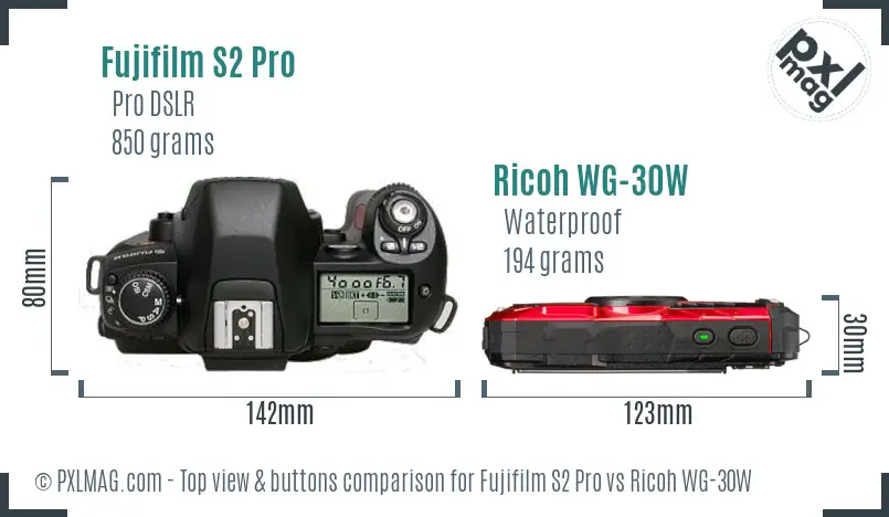 Fujifilm S2 Pro vs Ricoh WG-30W top view buttons comparison