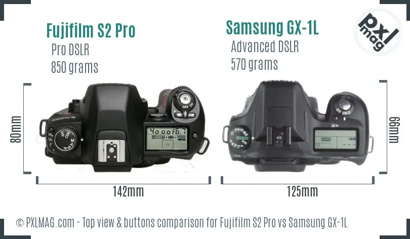 Fujifilm S2 Pro vs Samsung GX-1L top view buttons comparison