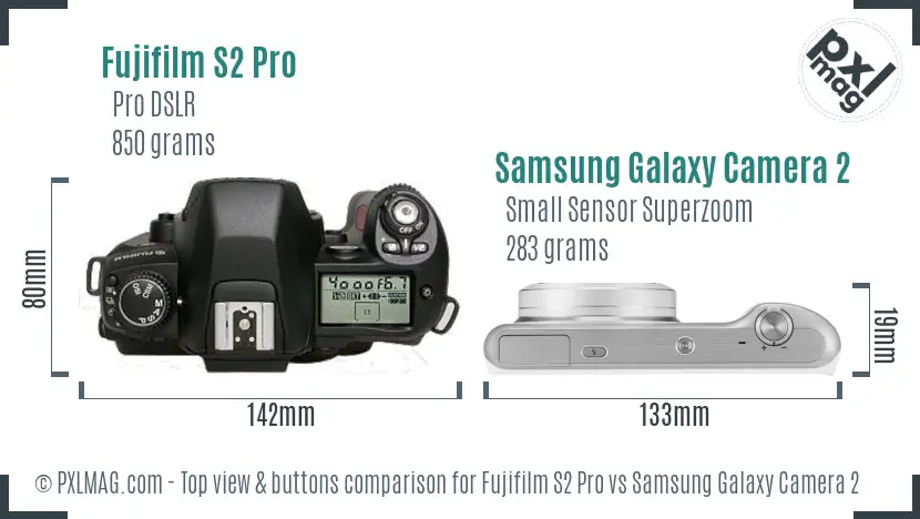 Fujifilm S2 Pro vs Samsung Galaxy Camera 2 top view buttons comparison Fujifilm S2 Pro vs Samsung Galaxy Camera 2 top view buttons comparison
