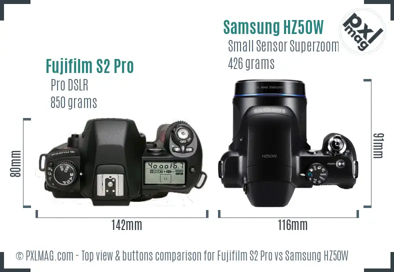 Fujifilm S2 Pro vs Samsung HZ50W top view buttons comparison