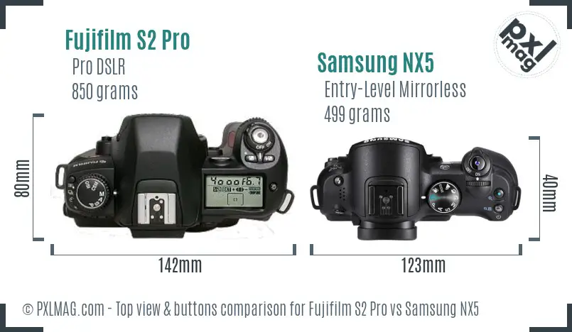 Fujifilm S2 Pro vs Samsung NX5 top view buttons comparison Fujifilm S2 Pro vs Samsung NX5 top view buttons comparison